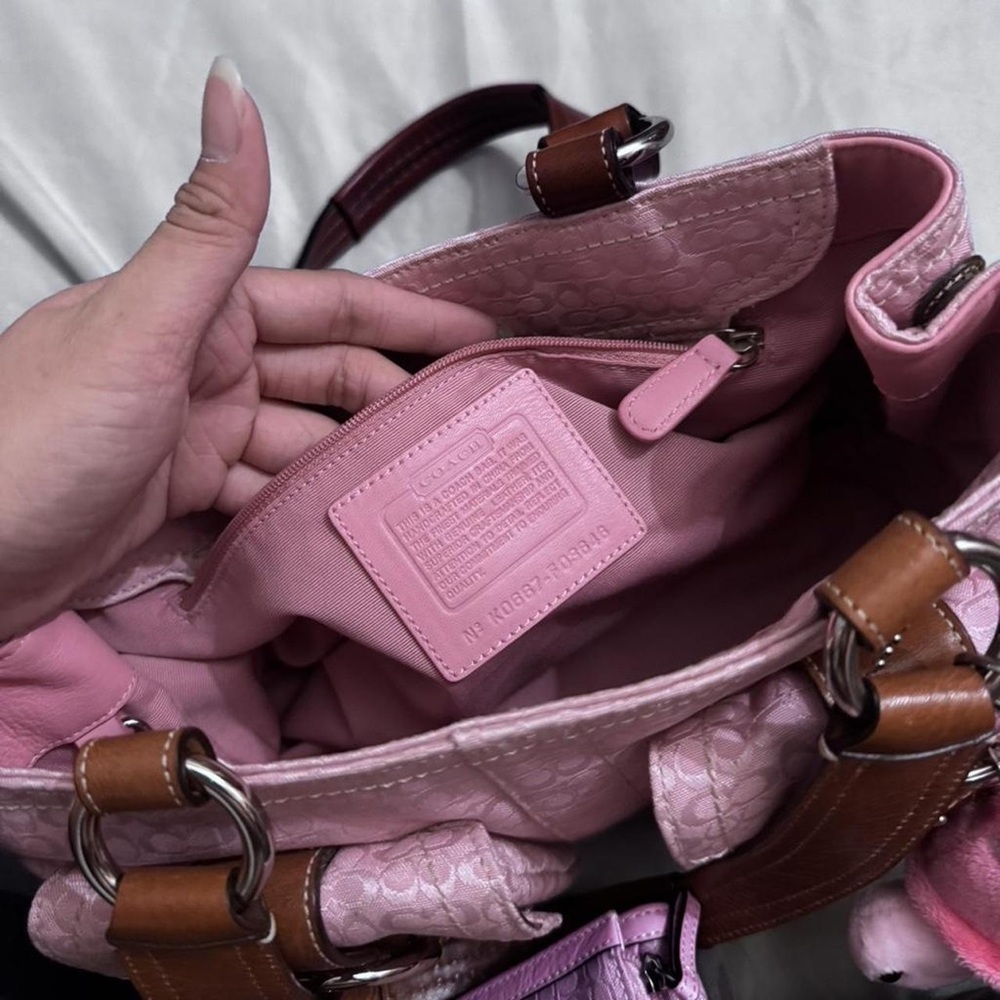 Coach Pink Signature Canvas Satchel with Brown Leather Trim and Charm Keychain - Picture 4 of 5